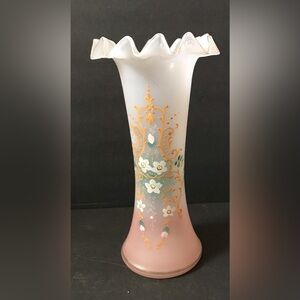 Frosted ombré Glass Vase Raised Gold/white/green Enamel blown glass Ruffled Rim
